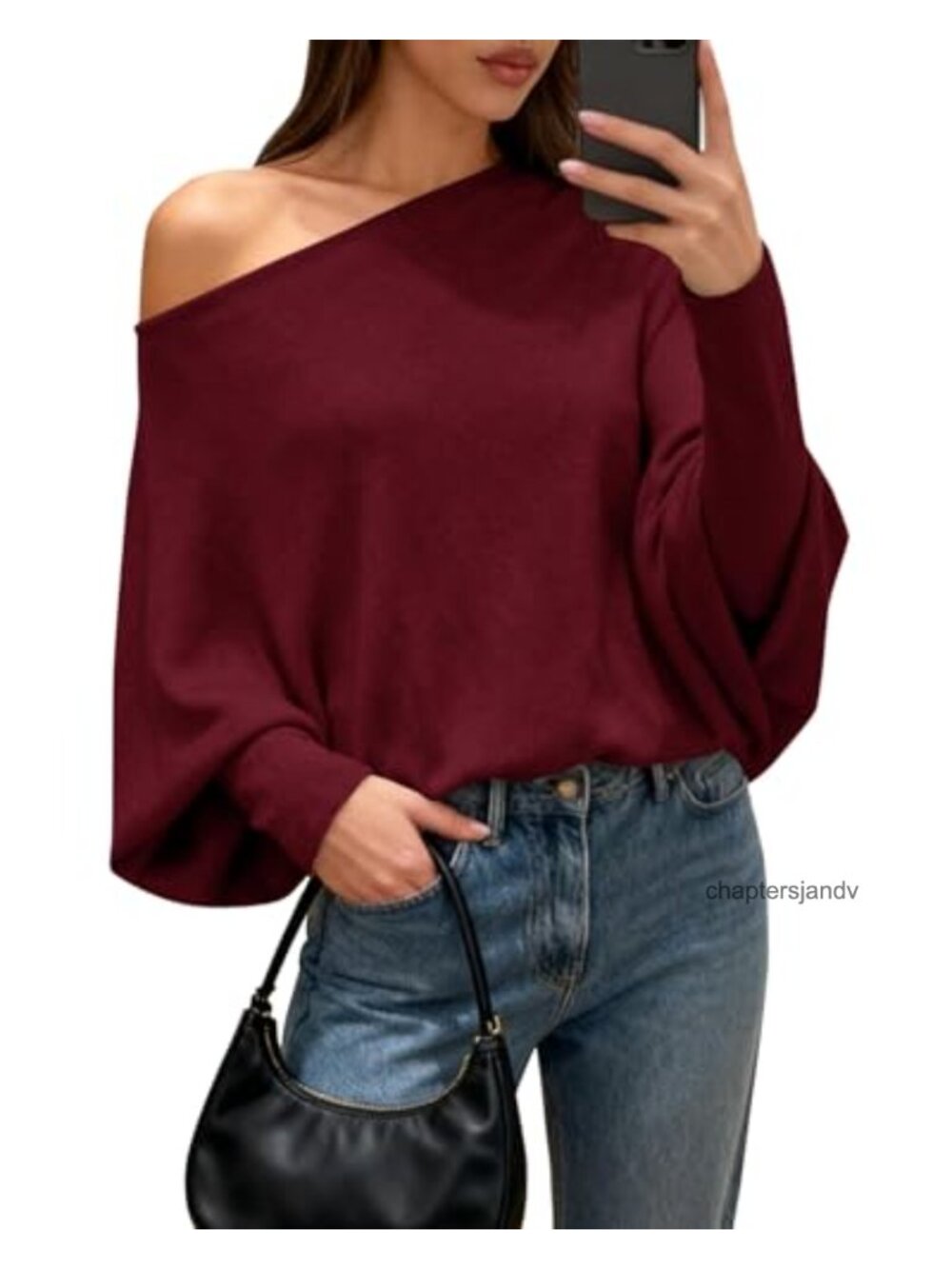 Womens Off Shoulder Batwing Knit Sweater Loose Fit Chunky Pullover
